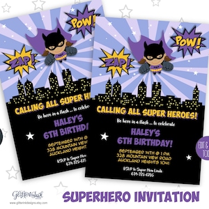 Purple super girl printable birthday party invitation / Superheroes party invite / Super hero party / Flying Super heroes birthday