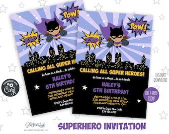 Purple super girl printable birthday party invitation / Superheroes party invite / Super hero party / Flying Super heroes birthday