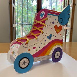Roller skate party favor boxes / Two groovy party favors treat box / Skating birthday party decorations / Pink and orange rainbow hearts