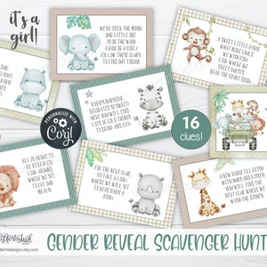 Gender reveal scavenger hunt clue cards for baby shower party games, Jungle treasure hunt printable clues image 6