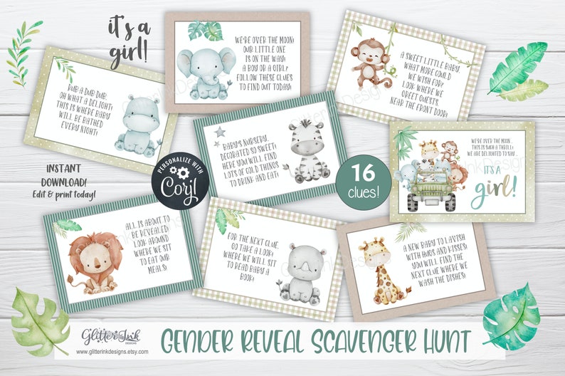Gender reveal scavenger hunt clue cards for baby shower party games, Jungle treasure hunt printable clues image 6