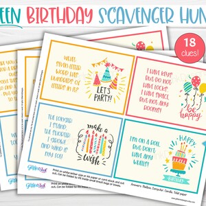 Op de afbeelding: Een printbare speurtocht voor een tienerverjaardag. De kaarten zijn kleurrijk en hebben illustraties met een verjaardags thema. De tekst op de kaarten bevat raadsels en aanwijzingen voor de speurtocht. De tekst op de kaarten bevat "Let's Party!" en "Make a Wish".