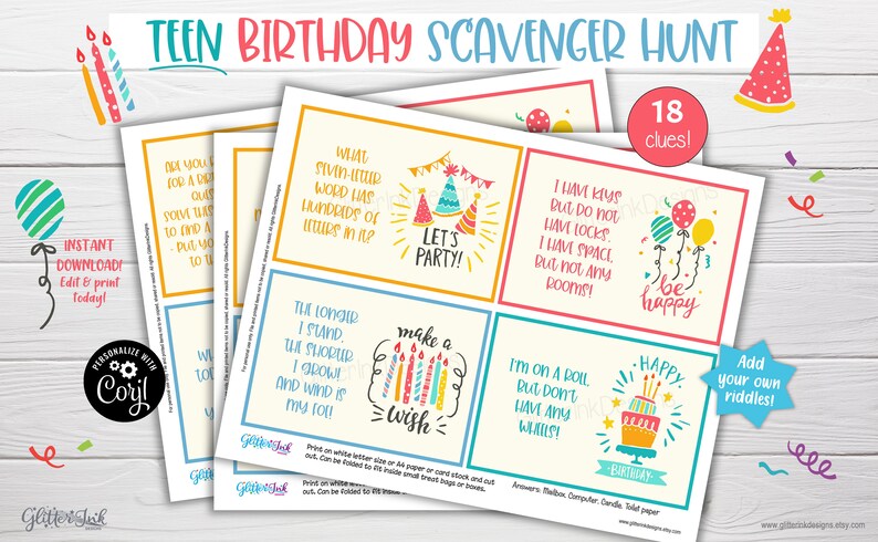 Op de afbeelding: Een printbare speurtocht voor een tienerverjaardag. De kaarten zijn kleurrijk en hebben illustraties met een verjaardags thema. De tekst op de kaarten bevat raadsels en aanwijzingen voor de speurtocht. De tekst op de kaarten bevat "Let's Party!" en "Make a Wish".