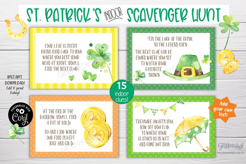Op de afbeelding: Een set van 15 afdrukbare St. Patrick's Day speurtocht-hints. De hints staan op groene, gele en oranje kaarten met aquarel illustraties van klavers, gouden munten, een kabouterhoed en een paraplu.