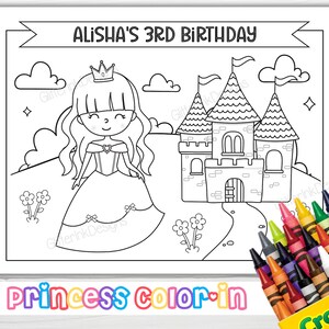 May include: A black and white coloring page featuring a princess in a dress and a castle. The text "ALISHA'S 3RD BIRTHDAY" and "Princess Color-in" are included.