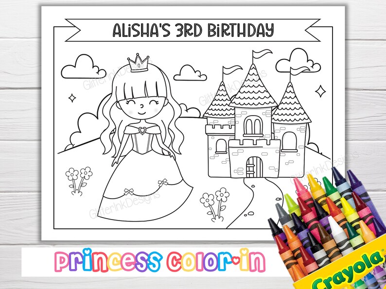 May include: A black and white coloring page featuring a princess in a dress and a castle. The text "ALISHA'S 3RD BIRTHDAY" and "Princess Color-in" are included.