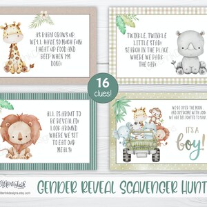 Gender reveal scavenger hunt clue cards for baby shower party games, Jungle treasure hunt printable clues image 4