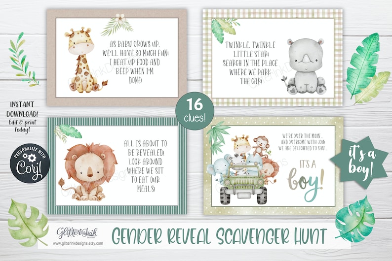 Gender reveal scavenger hunt clue cards for baby shower party games, Jungle treasure hunt printable clues image 4