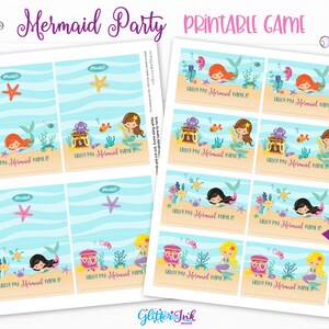 May include: Printable mermaid party game with 8 colorful cards featuring mermaids, seahorses, treasure chests, and starfish. The cards say "Guess My Mermaid Name Is..." and are perfect for a mermaid-themed party.