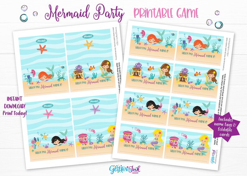 May include: Printable mermaid party game with 8 colorful cards featuring mermaids, seahorses, treasure chests, and starfish. The cards say "Guess My Mermaid Name Is..." and are perfect for a mermaid-themed party.