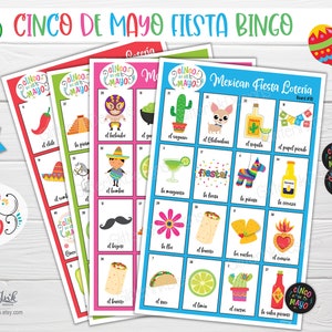 Juegos de bingo para fiestas imprimibles del Cinco de Mayo, lotería de fiesta mexicana, juego de memoria divertido para aprender español, 30 tableros de jugadores únicos - descarga instantánea