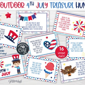 Cartões de dicas para caça ao tesouro de 4 de julho / Dicas para caça ao tesouro infantil ao ar livre para o 4 de julho / Jogos de festa patriótica para churrasco no Dia da Independência