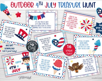 4th of July scavenger hunt clue cards / Outdoor Fourth of July kids treasure hunt clues / Independence Day barbecue patriotic party games
