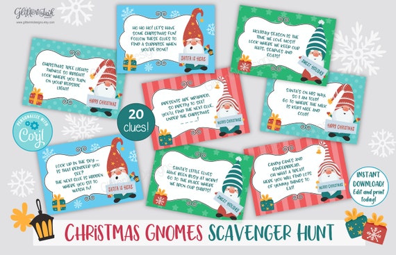 Christmas scavenger hunt clue cards / Christmas treasure hunt clues / Christmas gnomes / Santa gnomes indoors scavenger hunt for kids Il_570xn