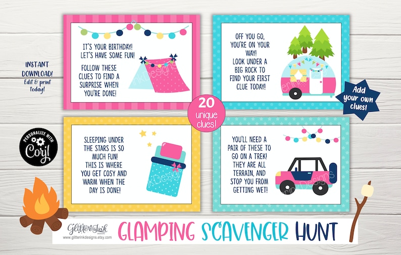 May include: A set of 20 printable cards for a glamping scavenger hunt. The cards are pink, blue, and yellow with illustrations of a tent, a camper, a sleeping bag, and a jeep. The text on the cards says "Glamping Scavenger Hunt" and includes clues for the scavenger hunt.
