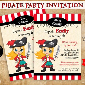 Girl Pirate party printable invitation / Pirate birthday invitation / Editable invite golden blonde hair blue eyes digital download Corjl