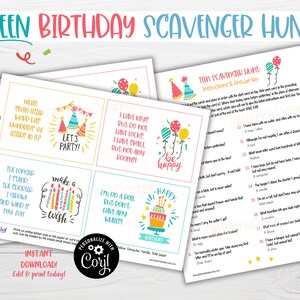 May include: A printable teen birthday scavenger hunt game with colourful illustrations of birthday hats, balloons, and cake. The game includes instructions and an editable answer key. The text on the cards reads "Let's Party!" "Make a Wish!" "I have keys but do not have locks. I have space but not any rooms." "Be Happy!" and "I'm on a roll but don't have any wheels!"