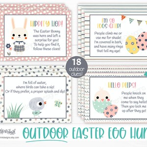 May include: A set of 18 printable Easter egg hunt clue cards featuring colorful illustrations of a bunny, a bird, a tree, and an egg. The cards have a pink, gray, and white polka dot pattern. The text on the cards reads "Lippity Hop! The Easter Bunny was here and left a surprise for you! To help you find it, follow these clues!" and "I'm so 100s-cited! People climb me or use me for shade! I'm covered in bark, and have many rings that tell my age!" and "Hello peeps! People knock on me when they come to say hello! Then you lock me up after they go!"