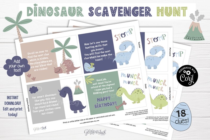 Dinosaur Scavenger Hunt Printable Clue Cards, Dinosaur Adventure Kids
