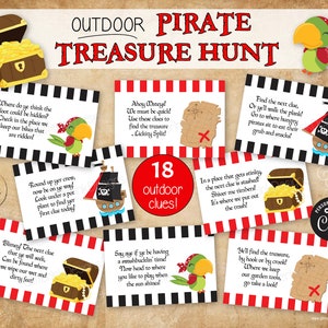Chasse au trésor en plein air pour enfants avec coffre au trésor de pirates, indices à imprimer avec des jeux de fête d'anniversaire de pirates avec rimes, édition avec Corjl