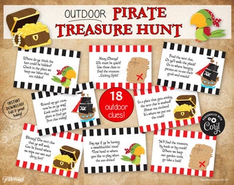 Outdoors Pirate scavenger hunt / Pirate party kids treasure hunt clues with rhyming riddles / Printable digital download edit with Corjl