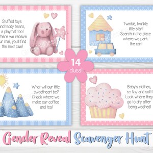 Gender reveal speurtocht-aanwijzingskaarten voor babyshower-partygames, aquarel applique teddybeer afdrukbare schattenjacht-aanwijzingen afbeelding 5