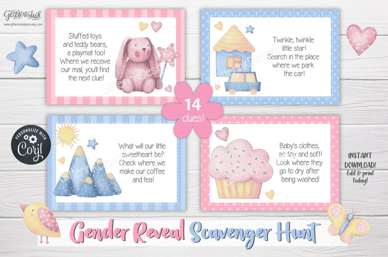 Gender reveal speurtocht-aanwijzingskaarten voor babyshower-partygames, aquarel applique teddybeer afdrukbare schattenjacht-aanwijzingen afbeelding 5