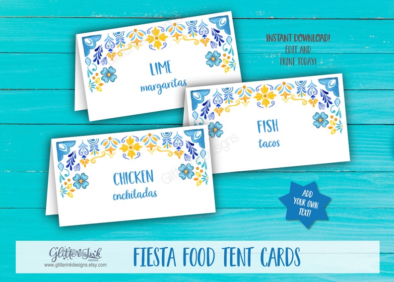 Mexican fiesta food tent cards / Cinco de mayo decorations / Mexican theme party fiesta bridal shower / Mexican tile printable name cards image 5
