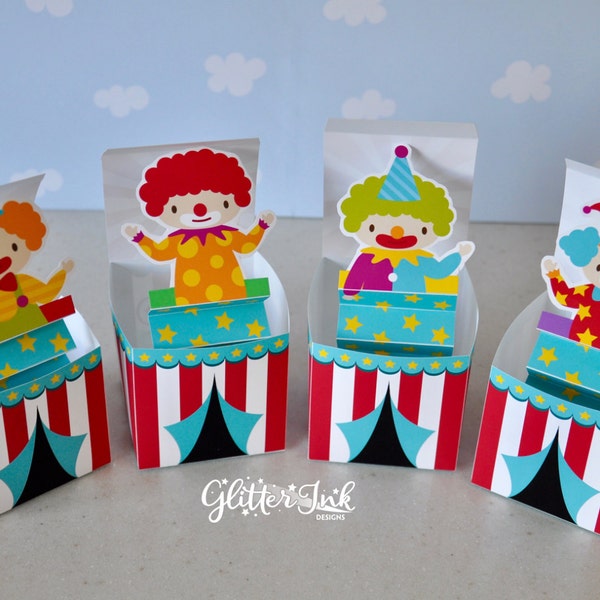 Circus clown Jack in the Box pop up favor box / Printable carnival big top tent party favors for birthday & baby shower / Surprise paper toy