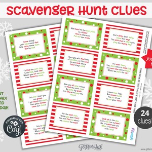 May include: A set of 24 printable Christmas scavenger hunt clues with red and green stripes and polka dots. The clues are written in a fun, festive font and include phrases like "Don't dilly dally" and "Look up in the sky".