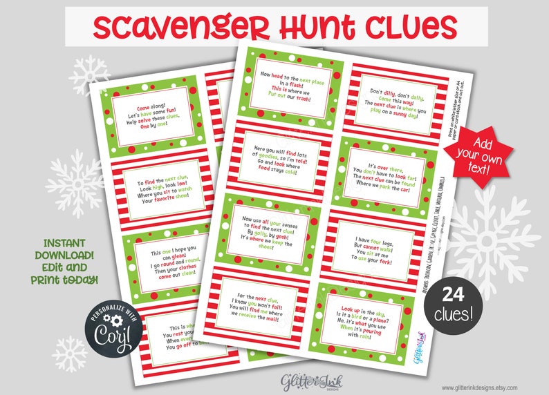 May include: A set of 24 printable Christmas scavenger hunt clues with red and green stripes and polka dots. The clues are written in a fun, festive font and include phrases like "Don't dilly dally" and "Look up in the sky".
