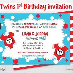 Twins 1st birthday invitation / Twins first birthday / Twins birthday party / Double the trouble twice the fun printable invitation