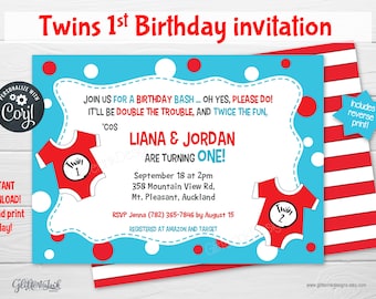Twins 1st birthday invitation / Twins first birthday / Twins birthday party / Double the trouble twice the fun printable invitation