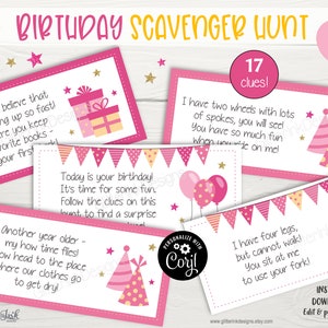 May include: Pink and gold birthday scavenger hunt printable cards with 17 clues. The cards feature illustrations of presents, balloons, party hats, and a bicycle. The text on the cards includes phrases like "It's hard to believe that you're growing up so fast!" and "Today is your birthday! It's time for some fun."