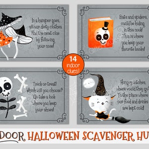May include: Printable Halloween scavenger hunt game cards with 14 clues. The cards feature illustrations of a witch's hat, a skeleton, a cat, and a book. The text on the cards includes phrases like "Trick or treat!" and "Hungry witches, where would they go?"
