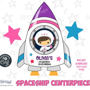 Outer space party cake topper centerpiece / Outer space birthday spaceship printable party decor / Astronaut girl space decorations image 2