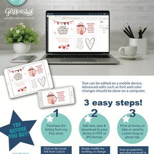 May include: A laptop screen shows a digital design template for a printable card with a pink and white mug and the text "Thank you for everything you do. I've enjoyed having you as a friend and coworker. I have a lot of respect for you and I'm so happy to have you in my life. You're a great friend and coworker. Thank you for everything you do." The image also shows three steps to edit, download, and print the design.