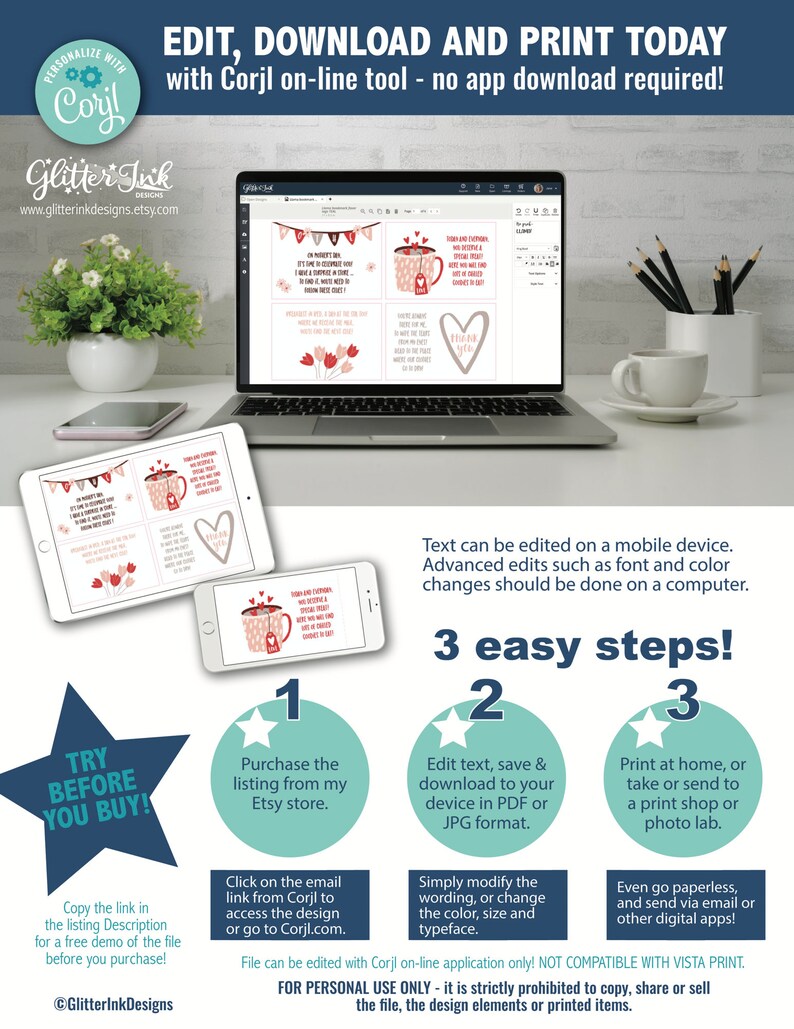May include: A laptop screen shows a digital design template for a printable card with a pink and white mug and the text "Thank you for everything you do. I've enjoyed having you as a friend and coworker. I have a lot of respect for you and I'm so happy to have you in my life. You're a great friend and coworker. Thank you for everything you do." The image also shows three steps to edit, download, and print the design.