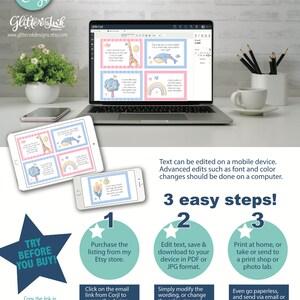Op de afbeelding: Een digitaal scherm dat een printbaar ontwerp voor een babyshower toont. Het ontwerp bevat een giraffe, een walvis, een regenboog en een boom met tekst die kan worden bewerkt. De tekst op het scherm luidt "Probeer het voordat je koopt!" en "3 gemakkelijke stappen!" De afbeelding bevat ook een oproep om het ontwerp te kopen in de Etsy-winkel.