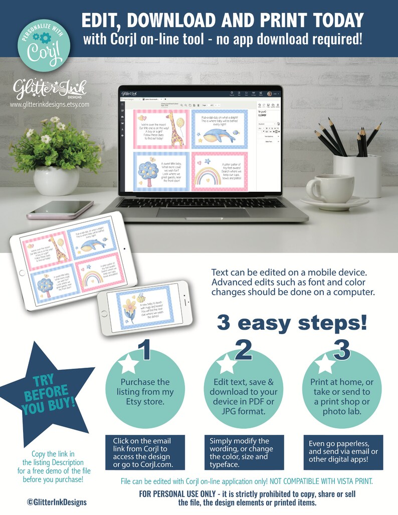 Op de afbeelding: Een digitaal scherm dat een printbaar ontwerp voor een babyshower toont. Het ontwerp bevat een giraffe, een walvis, een regenboog en een boom met tekst die kan worden bewerkt. De tekst op het scherm luidt "Probeer het voordat je koopt!" en "3 gemakkelijke stappen!" De afbeelding bevat ook een oproep om het ontwerp te kopen in de Etsy-winkel.