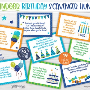 Indoor Birthday scavenger hunt / Kids treasure hunt clues / Birthday party printable scavenger hunt clue cards for inside party games