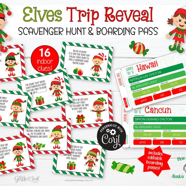 Christmas elves surprise trip reveal kids treasure hunt clues & boarding pass / Elf scavenger hunt + printable tickets family vacation