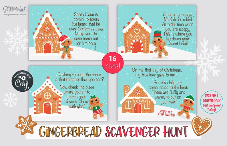 Gingerbread Christmas scavenger hunt clue cards, Printable treasure hunt clues for kids and family party games image 7