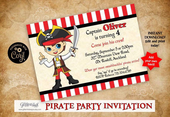 Pirate party invitation / Pirate invitation / Pirate birthday printable invitation / pirate boy party invite text editable with Corjl Il_570xn