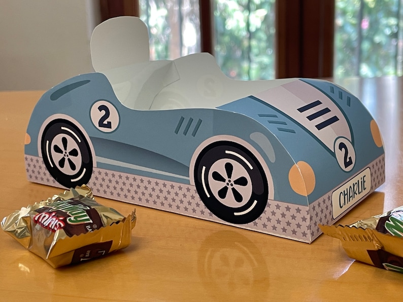Race car birthday printable favor box / Papercraft racing car candy treat box / Two fast race car party favors Racing party car centerpiece image 8