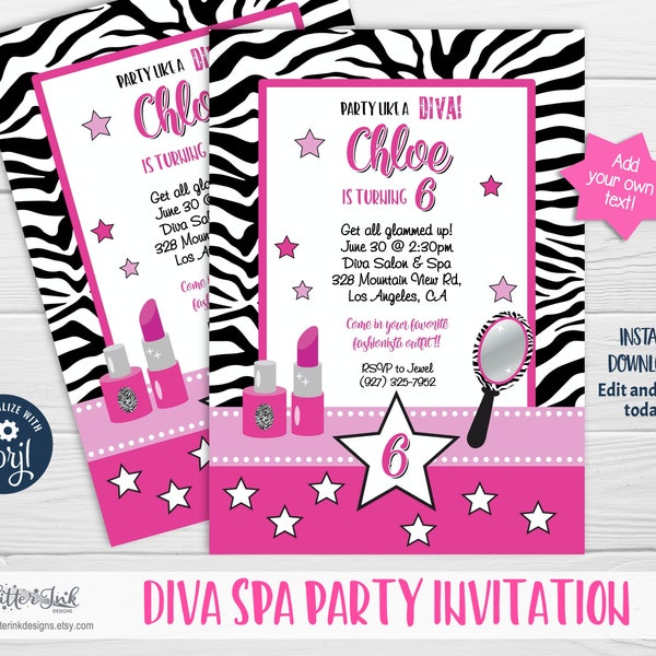 Diva party invitation / Glam Spa Party Hot Pink zebra stripe editable printable invitations / edit and download with Corjl