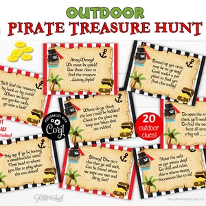 Cartões de dicas de caça ao tesouro pirata AO AR LIVRE com enigmas que rimam para crianças, dicas de caça ao tesouro para impressão de festa de aniversário de pirata para quintal