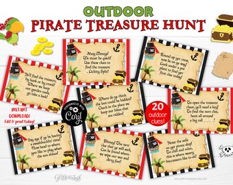Puede incluir: Un conjunto de 20 pistas de búsqueda del tesoro pirata imprimibles. Las pistas están impresas en un fondo de pergamino con rayas rojas y negras. Cada pista presenta un barco pirata, un cofre del tesoro y una palmera. El texto en las pistas está en una fuente divertida y caprichosa. Las pistas son perfectas para una fiesta o evento al aire libre con temática pirata.