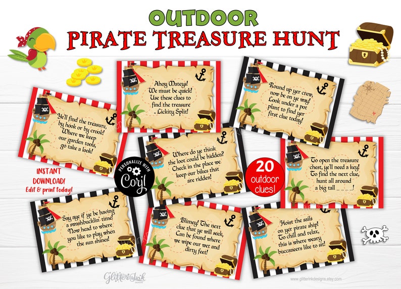May include: A set of 20 printable pirate treasure hunt clues. The clues are printed on a parchment-like background with red and black stripes. Each clue features a pirate ship, a treasure chest, and a palm tree. The text on the clues is in a fun, whimsical font. The clues are perfect for an outdoor pirate-themed party or event.