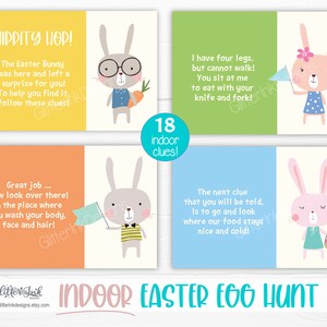 K&ouml;nnte beinhalten: Ein druckbares Ostereierspiel mit bunten Karten mit Cartoon-Hasen und Hinweisen. Die Karten haben eine Vielzahl von Hintergr&uuml;nden, darunter Gelb, Gr&uuml;n, Orange und Blau. Der Text enth&auml;lt "Indoor Easter Egg Hunt" und "Add your own text!"